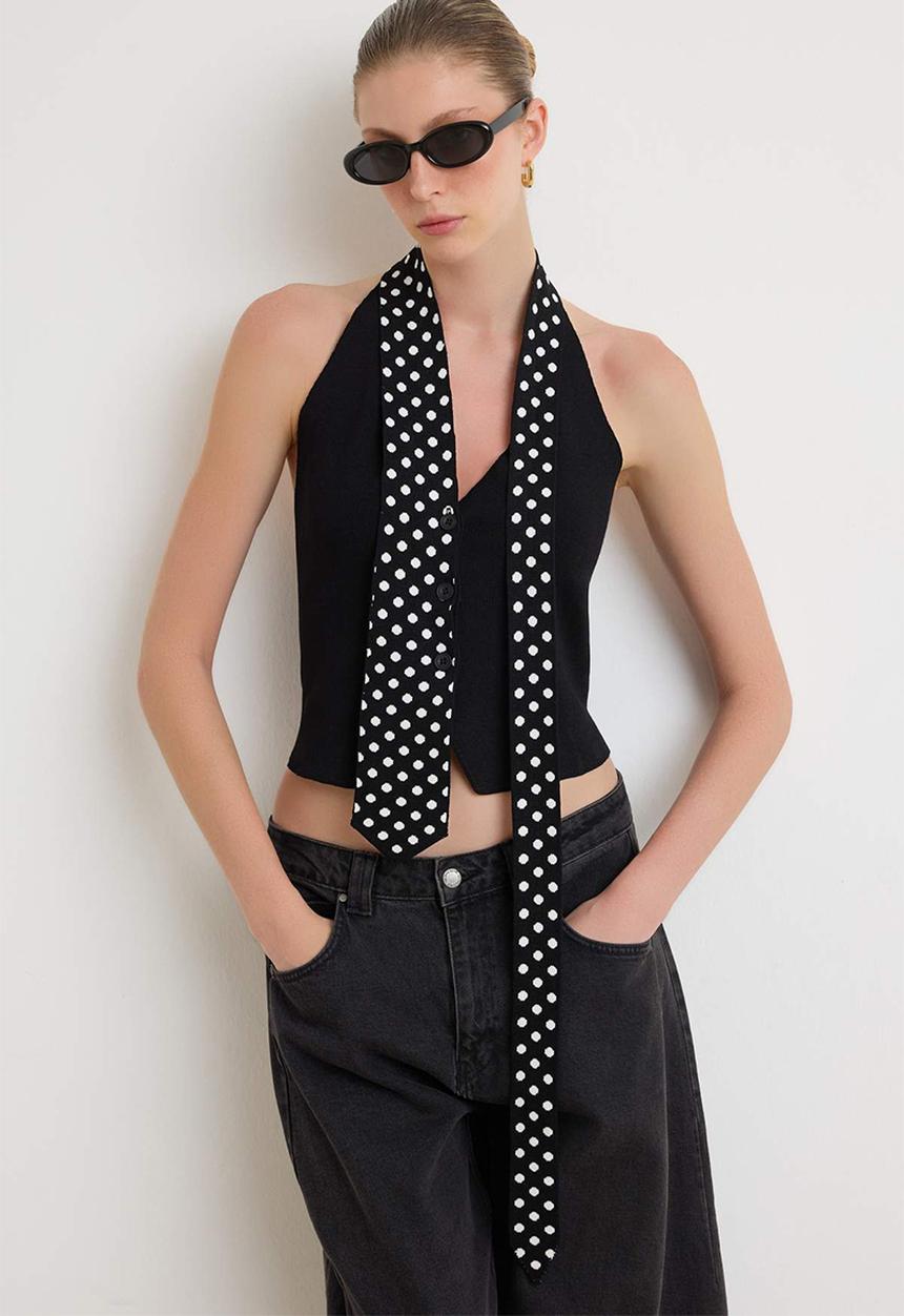 Trendyol - Detachable Polka Dot Tie-Detail Knit Blouse - Black