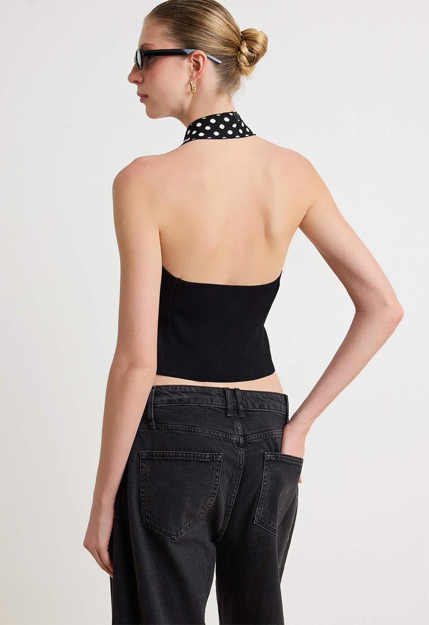 Trendyol - Detachable Polka Dot Tie-Detail Knit Blouse - Black