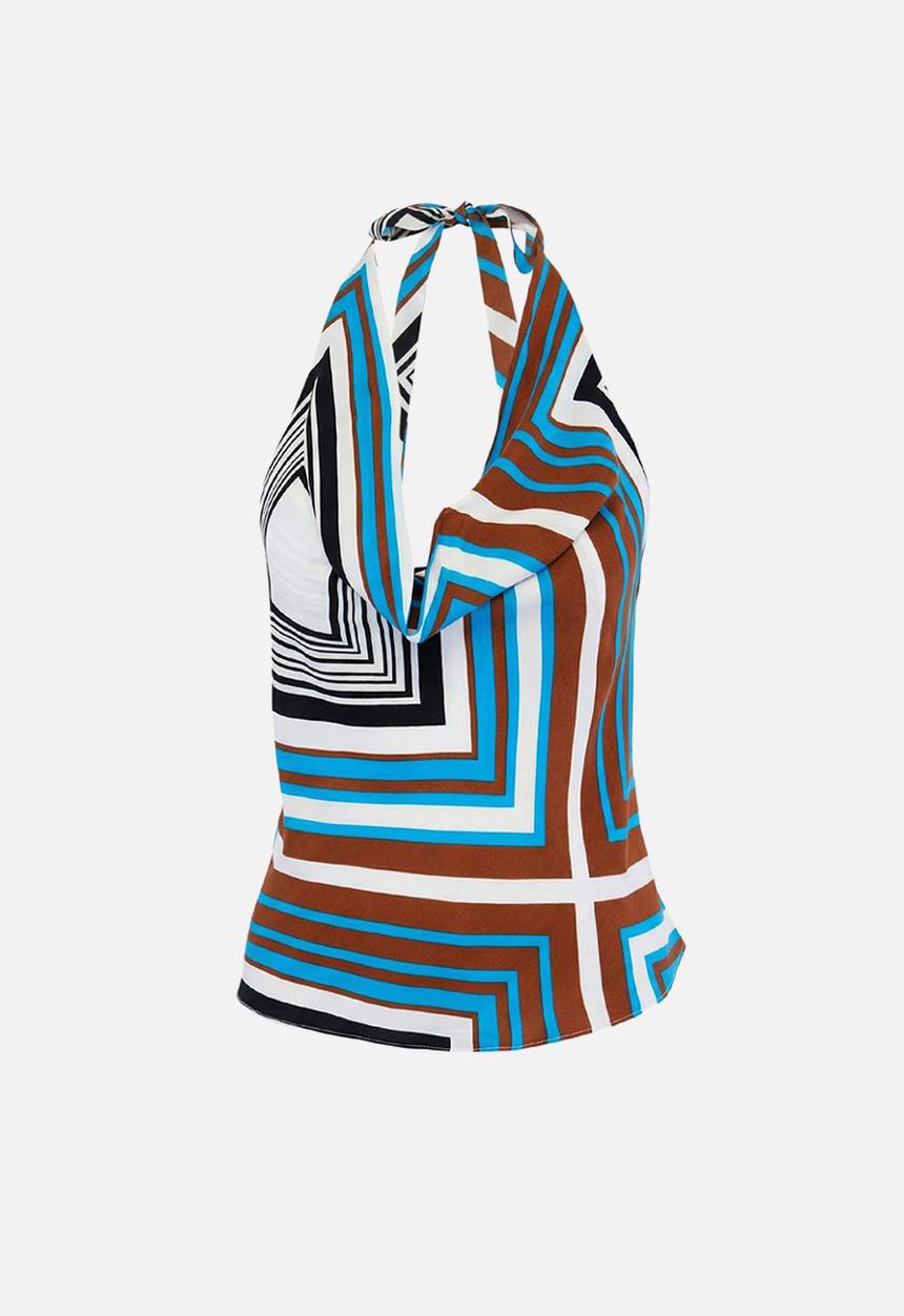 Trendyol - Geometric Print Draped Collar Blouse - Multicolour