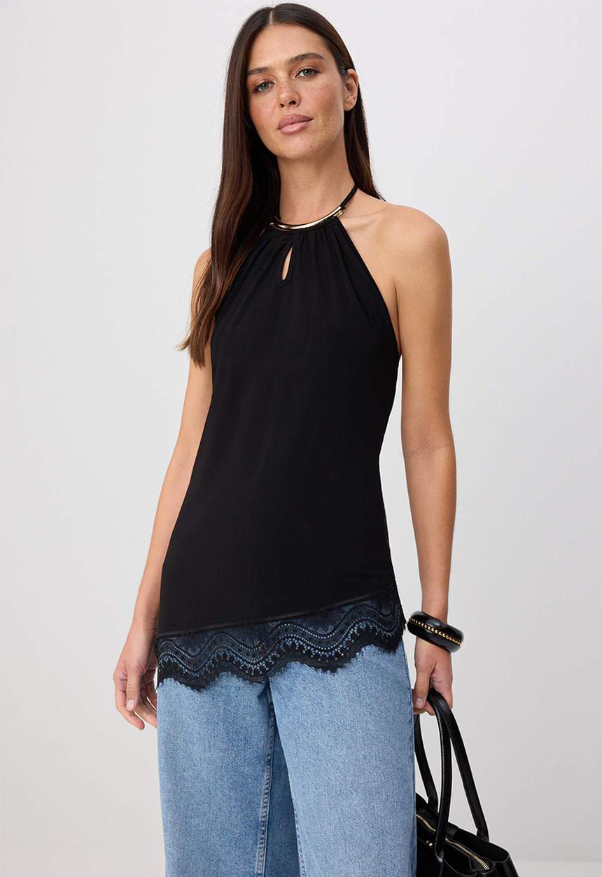 Trendyol - Halter Neck Blouse with Accessory Detail - Black