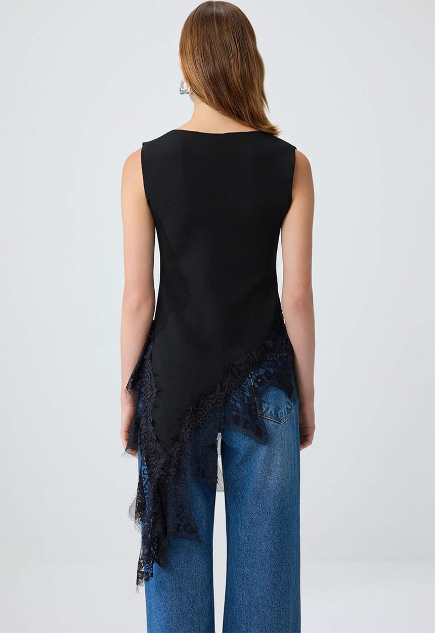 Trendyol - V-Neck Lace Detail Knit Blouse - Black