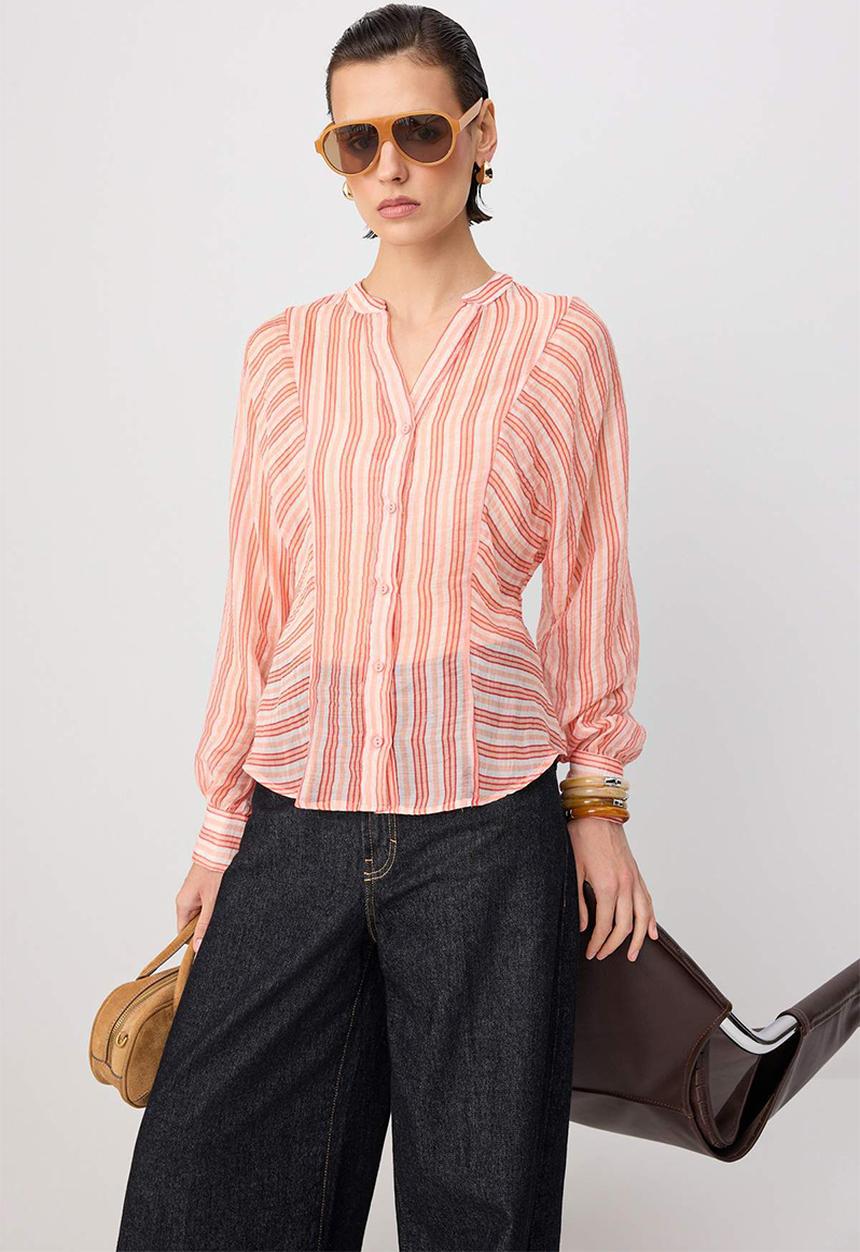 Trendyol - Striped Sheer Shirt - Pink-Multicolour