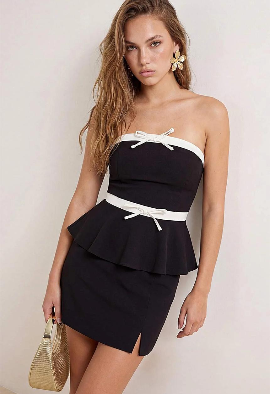 Trendyol - Strapless Bow Detail Woven Bustier - Black-White