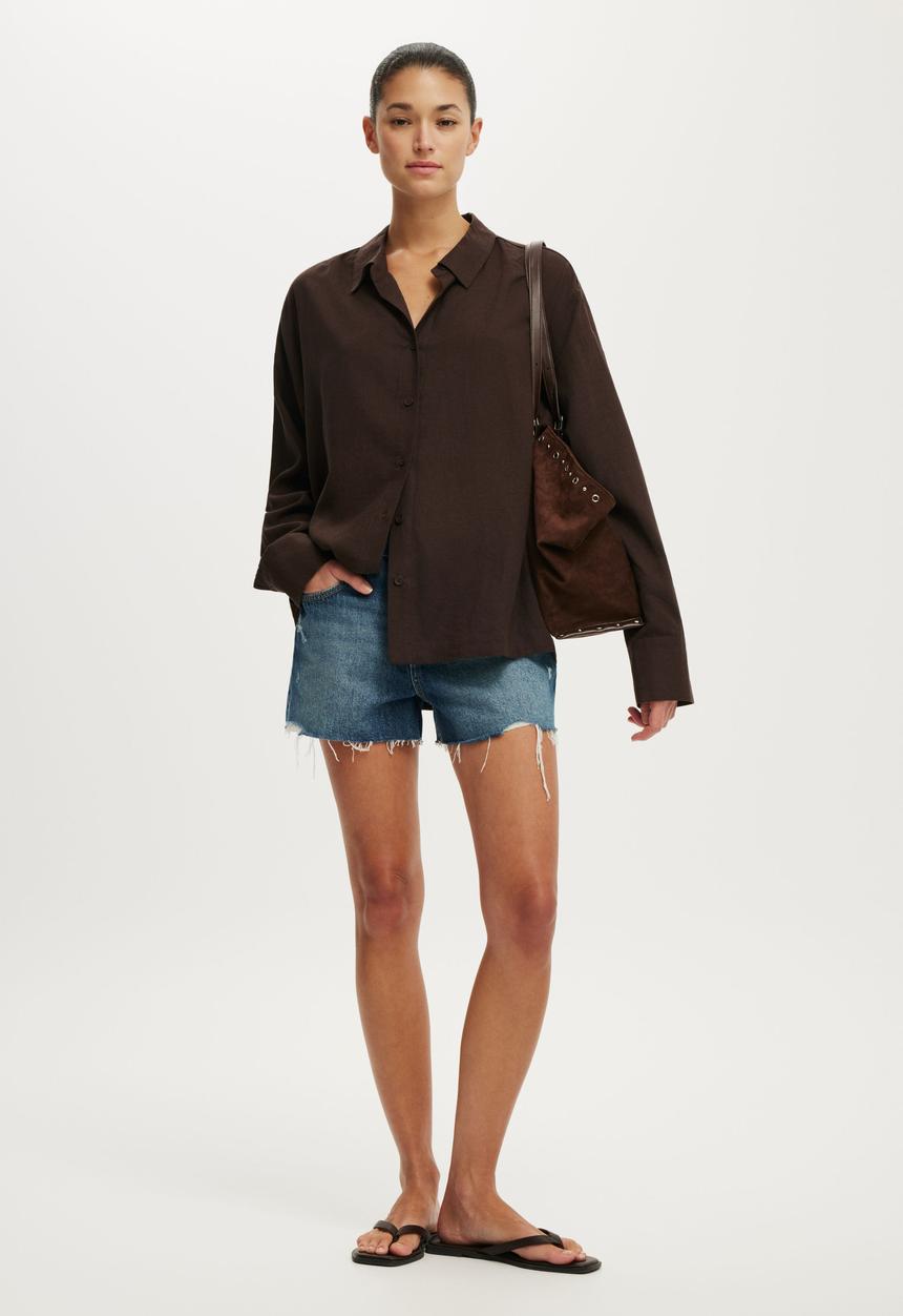 Cotton On - Haven Relaxed Long Sleeve Shirt - Dark Oak