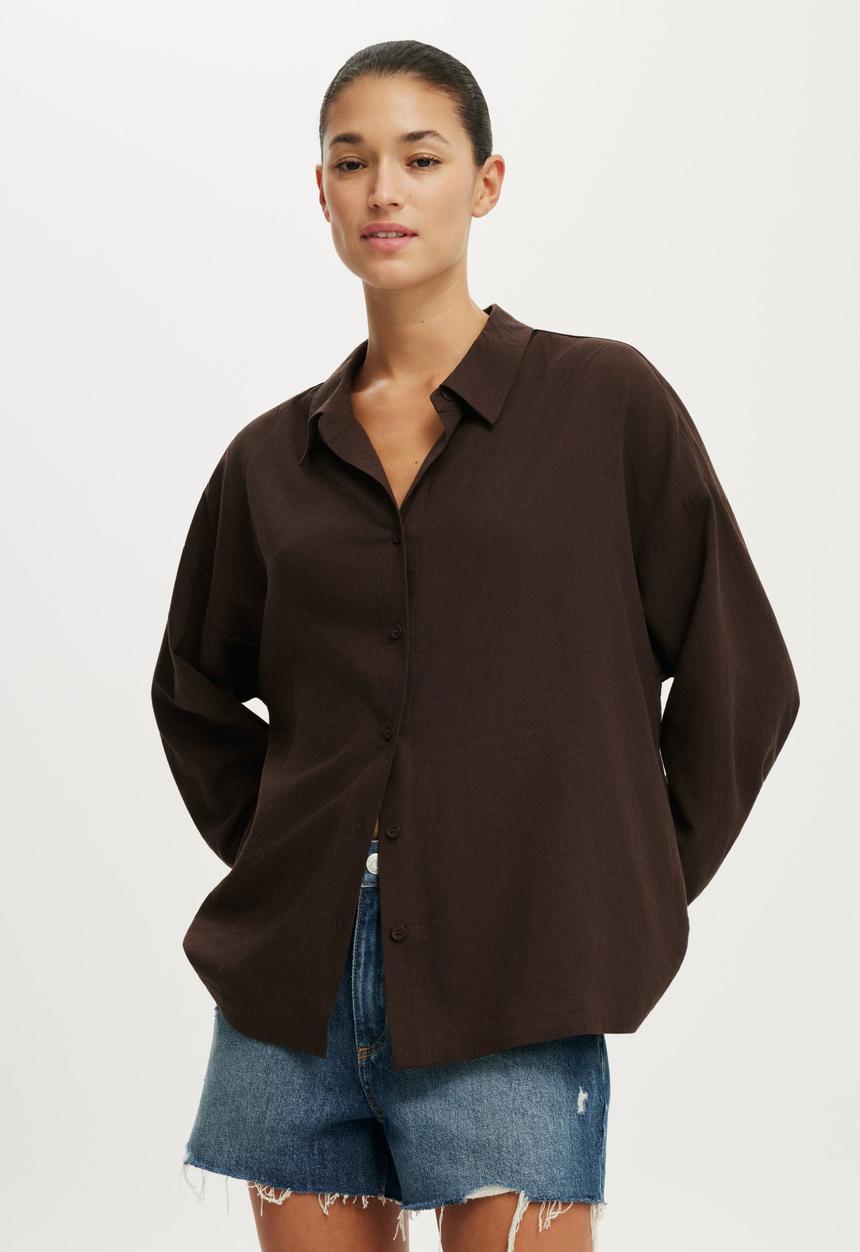 Cotton On - Haven Relaxed Long Sleeve Shirt - Dark Oak
