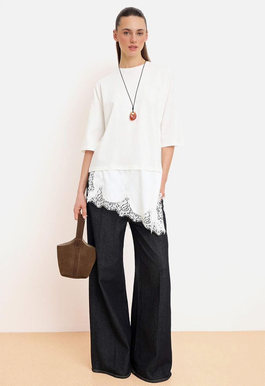 Trendyol - Lace Detail Jersey Top - White