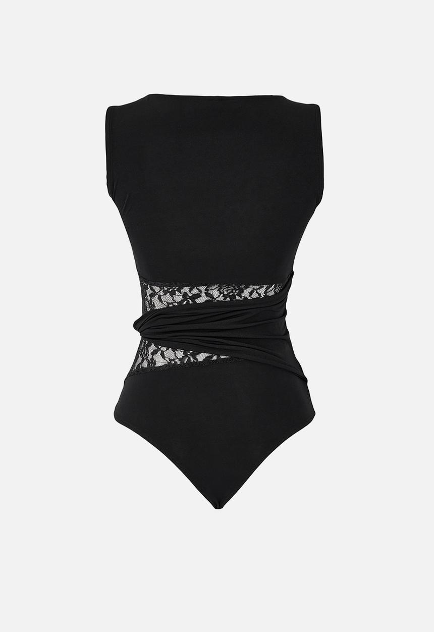 Trendyol - Lace Detail Sheer Knit Bodysuit - Black