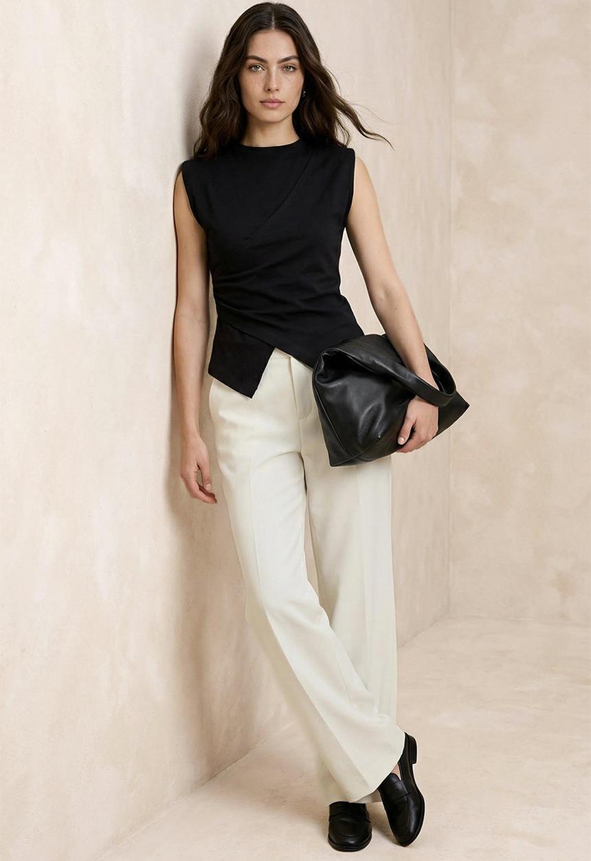 Trendyol - Fitted Sleeveless Asymmetric Cotton Blouse - Black