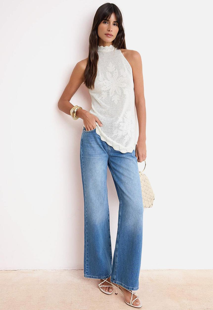 Trendyol - Lace-Look Halter Neck Knit Blouse - Ecru