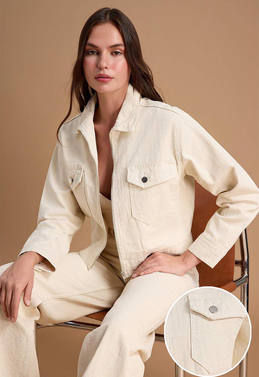 Trendyol - Zip-Up Detail Denim Jacket - Ecru