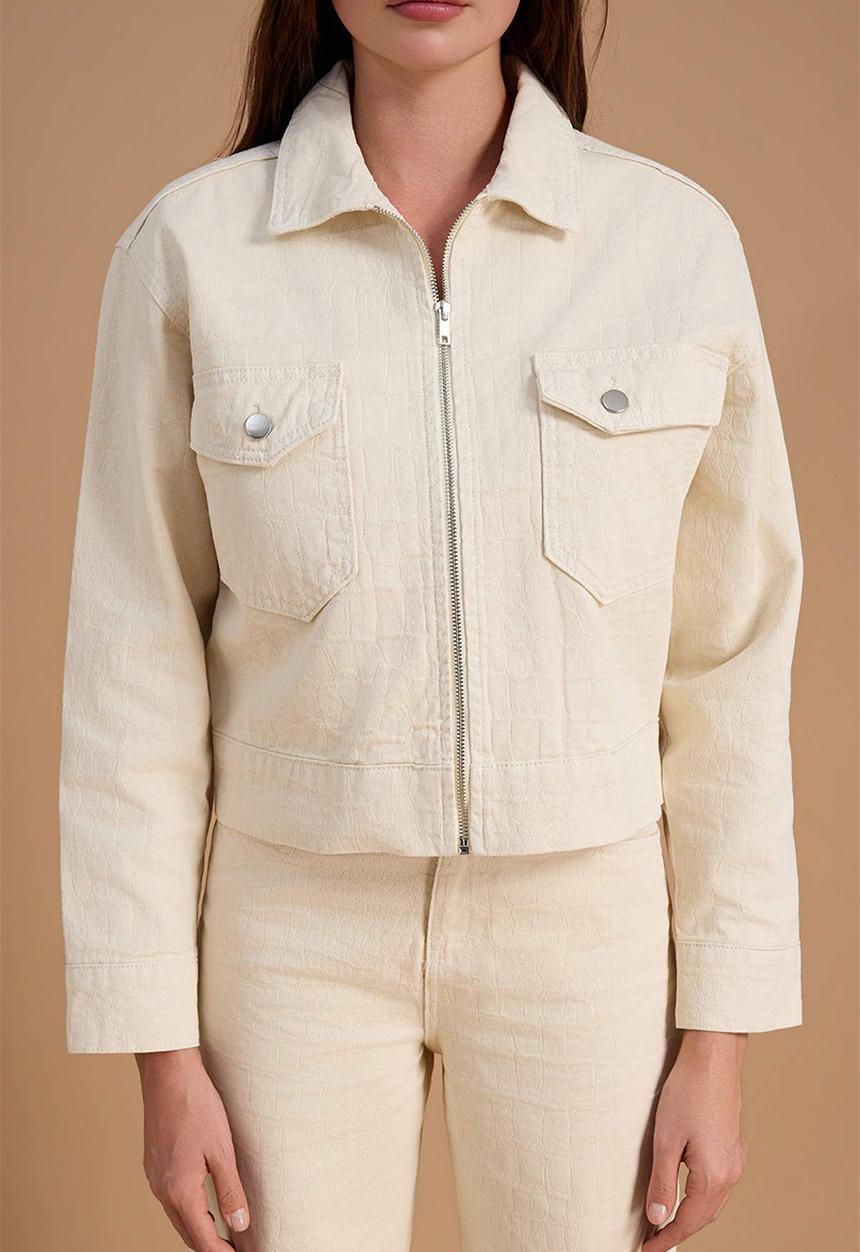 Trendyol - Zip-Up Detail Denim Jacket - Ecru