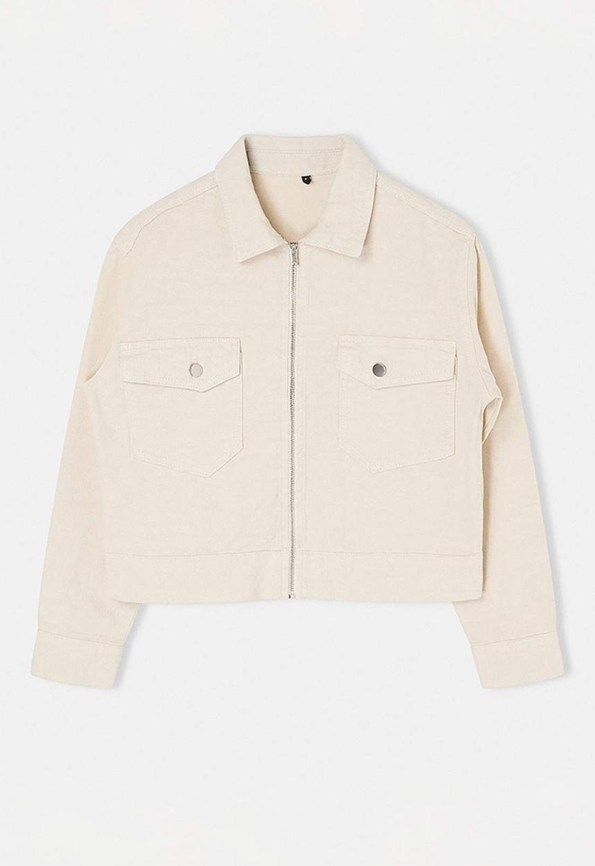 Trendyol - Zip-Up Detail Denim Jacket - Ecru