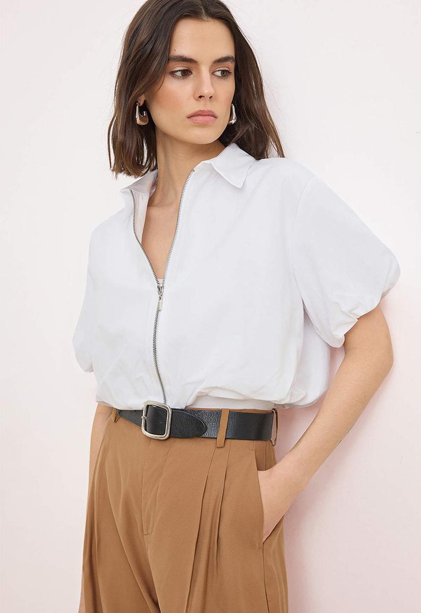 Trendyol - Zipped Balloon Sleeve Jacket - White