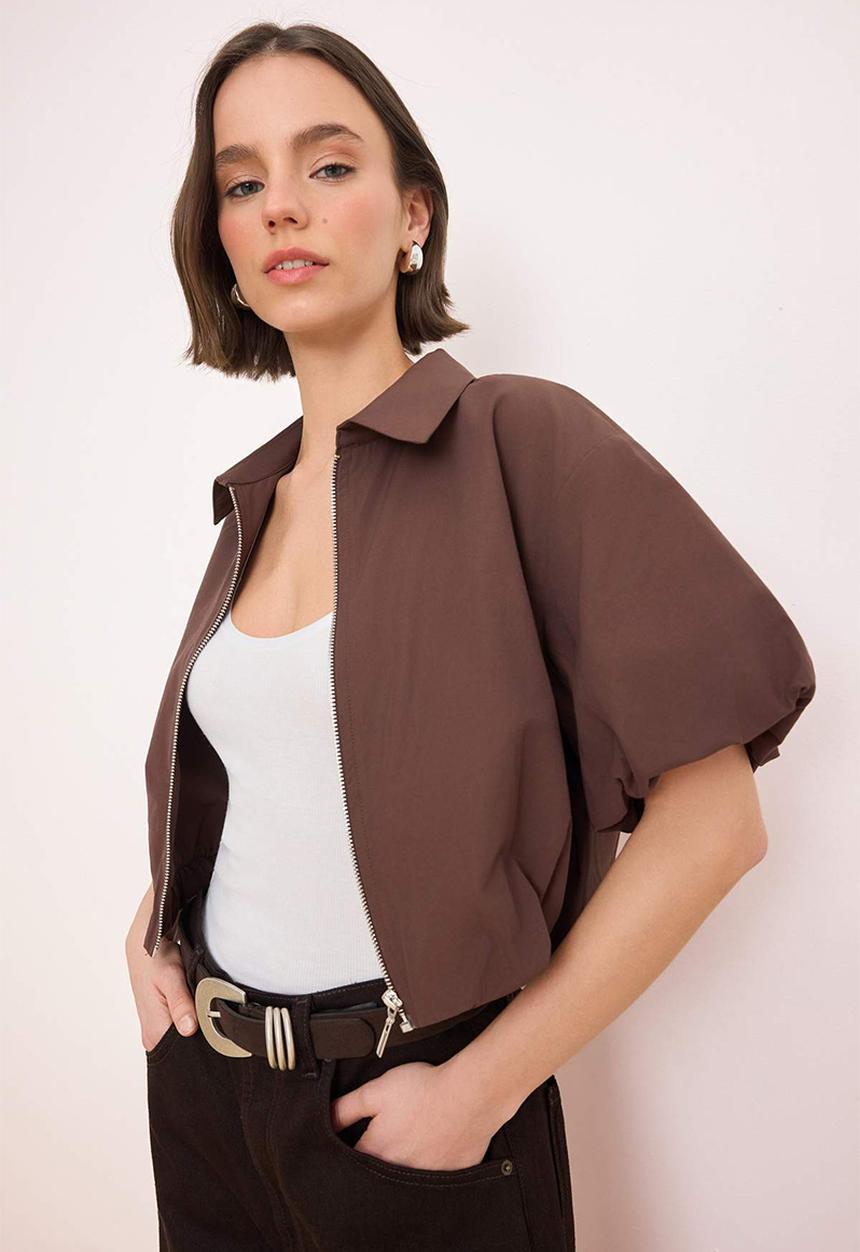 Trendyol - Zipped Balloon Sleeve Jacket - Brown