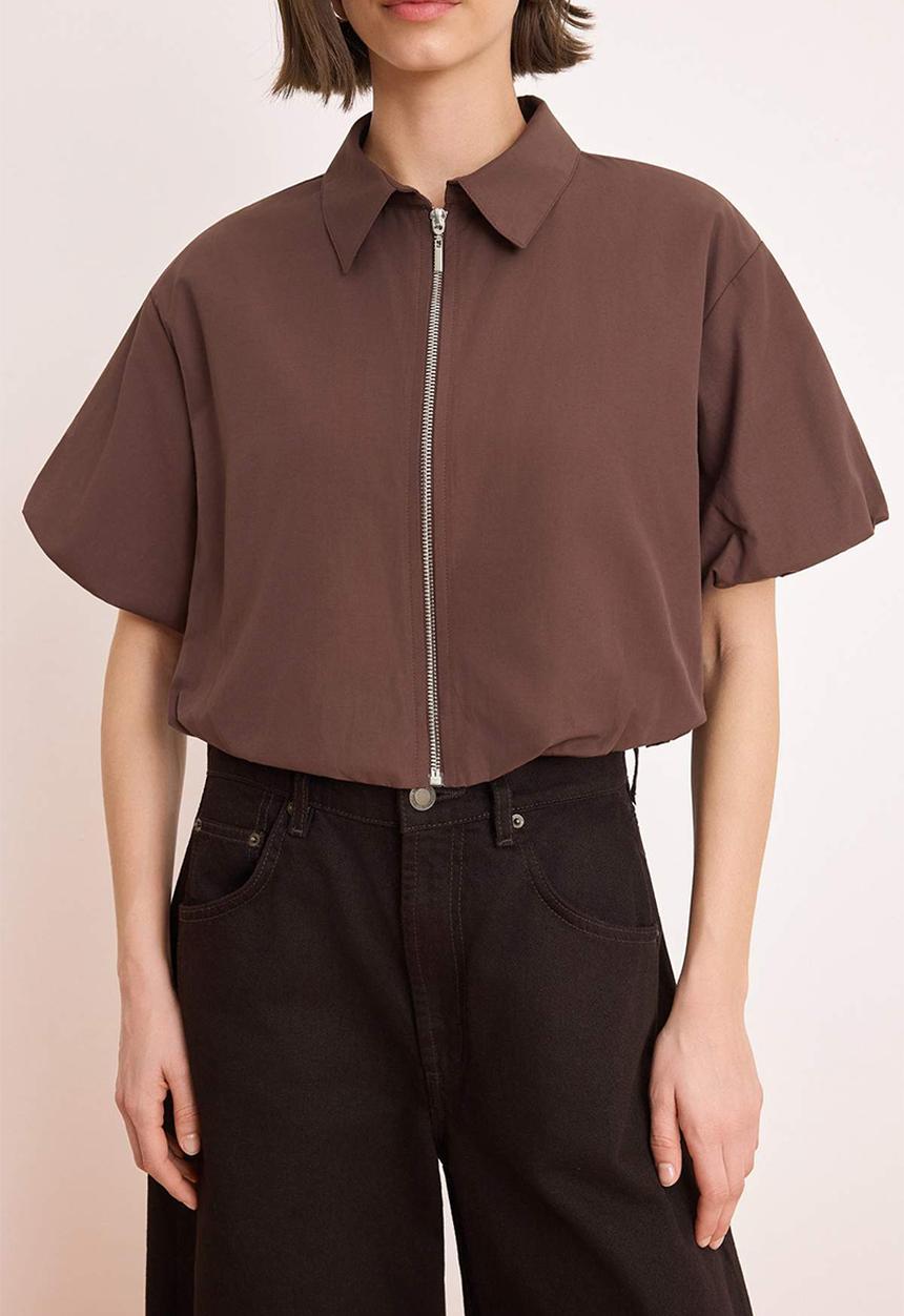 Trendyol - Zipped Balloon Sleeve Jacket - Brown