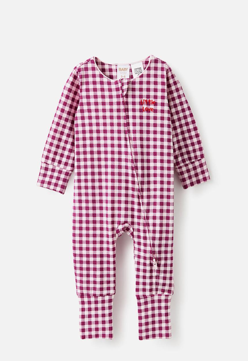 Cotton On - Growie Long Sleeve Zip Romper - Berry Jam/Little Love Gingham