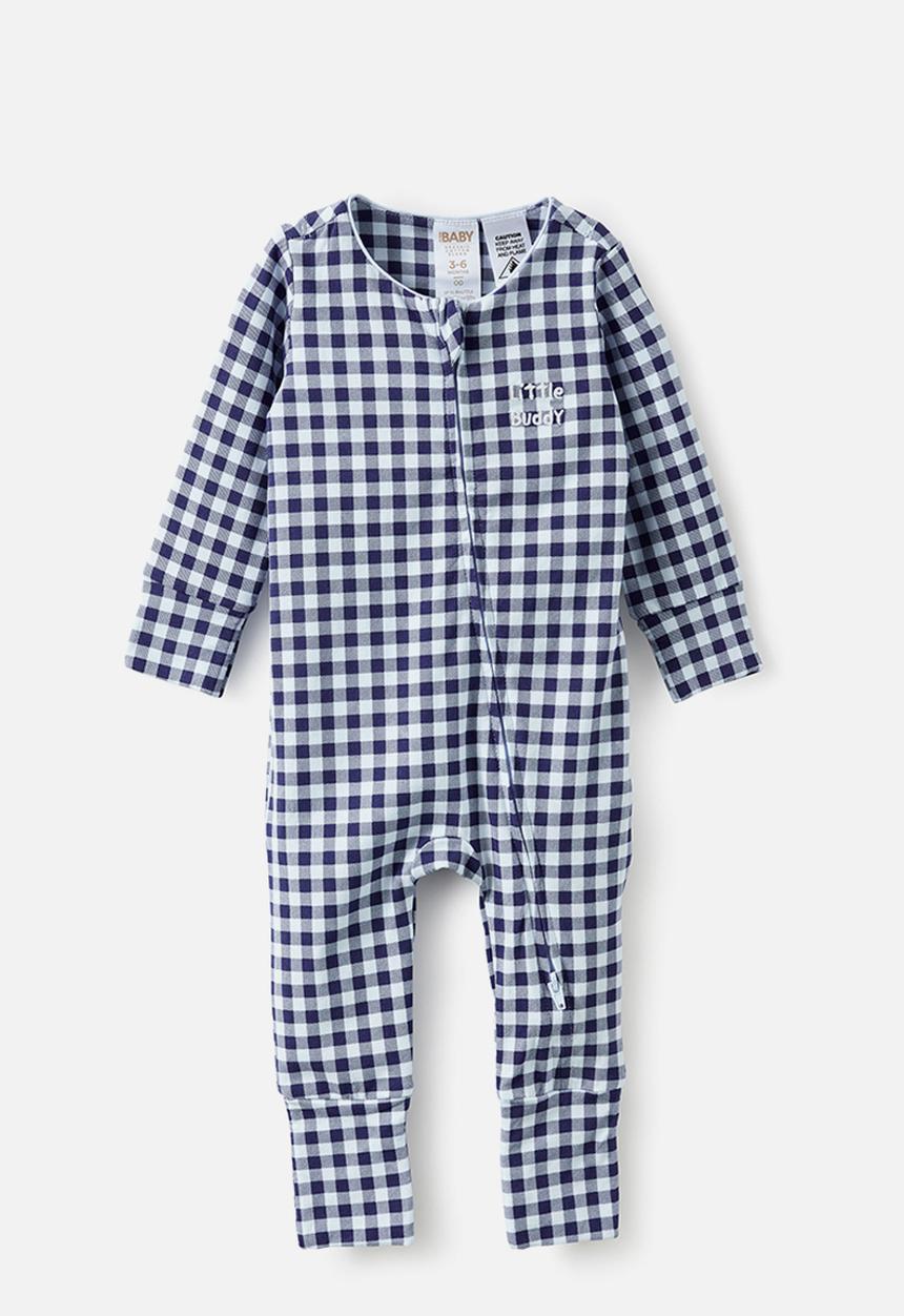 Cotton On - Growie Long Sleeve Zip Romper - Denim Navy/Little Buddy Gingham