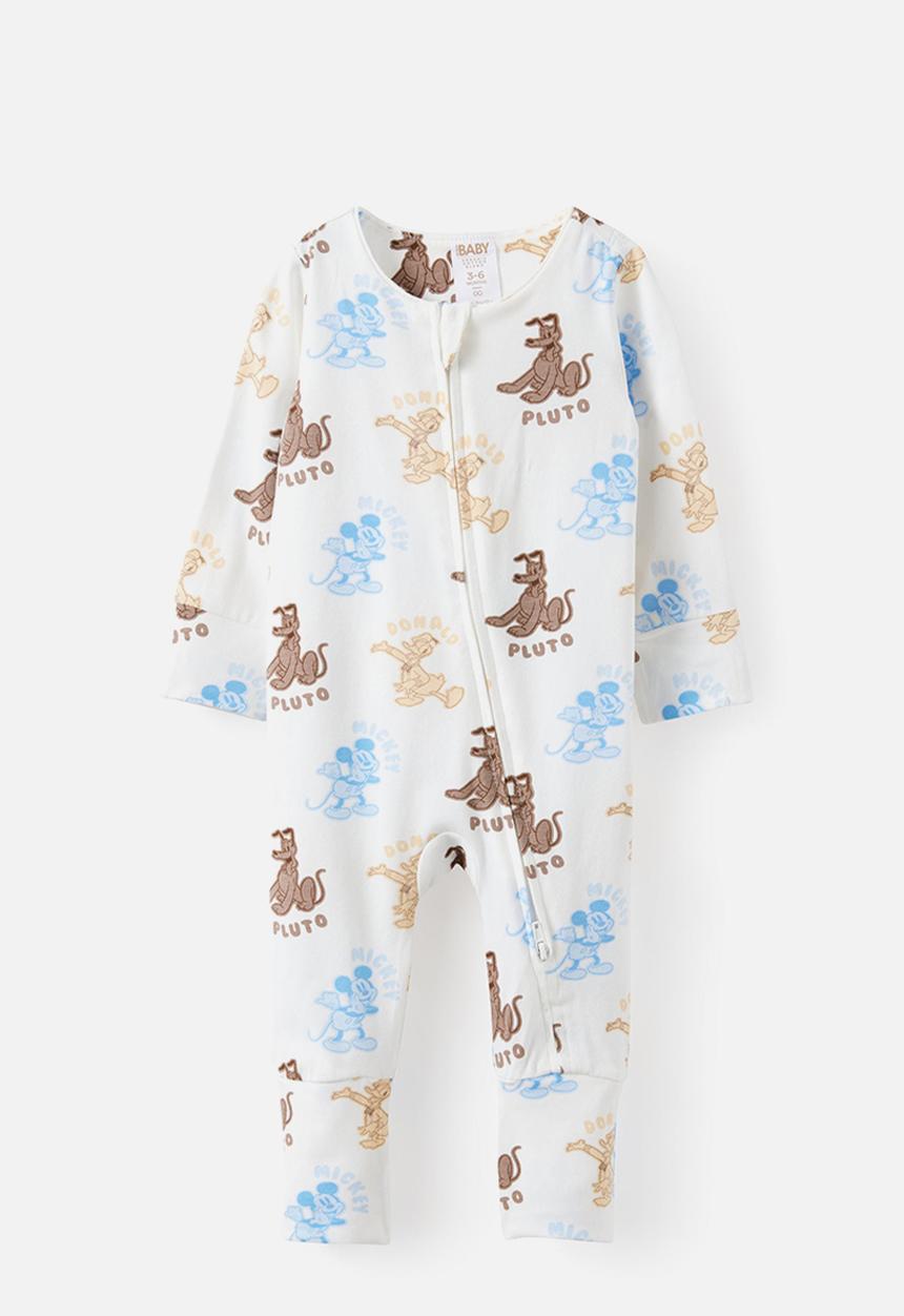 Cotton On - Growie Long Sleeve Zip Romper License - Lcn Dis Vanilla/Mickey & Friends