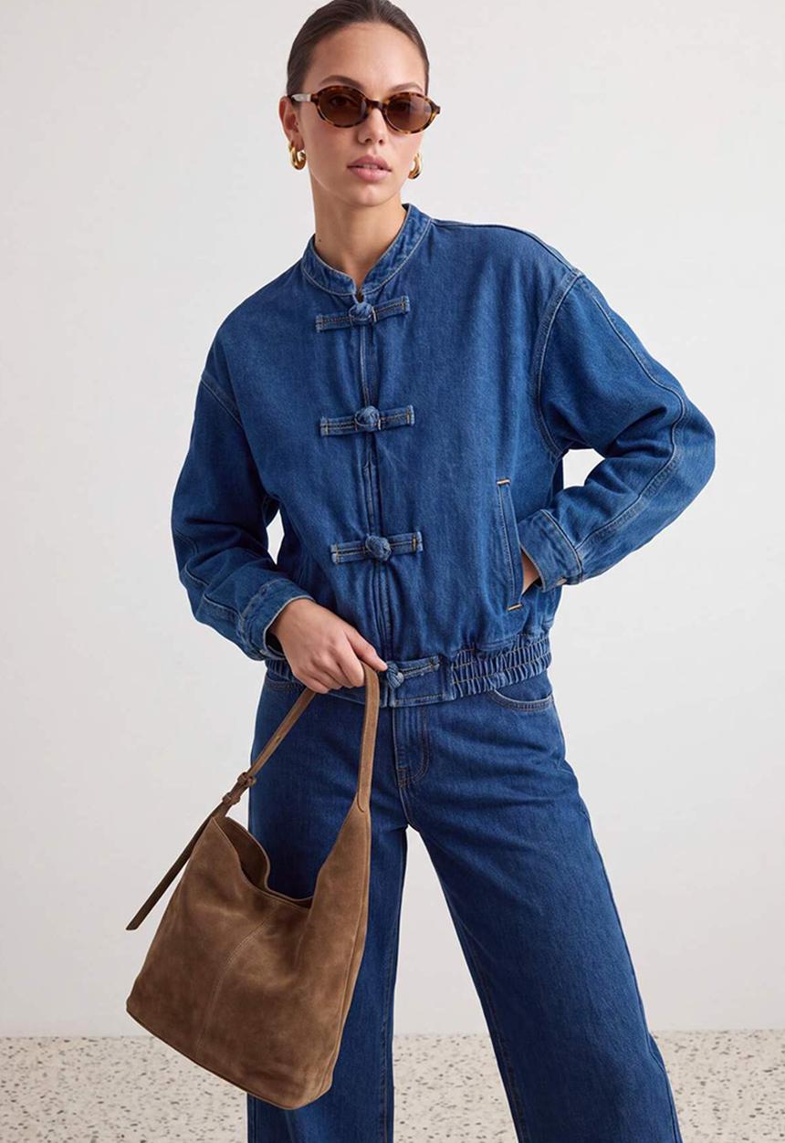 Trendyol - Button and Elastic Waist Denim Jacket - Blue