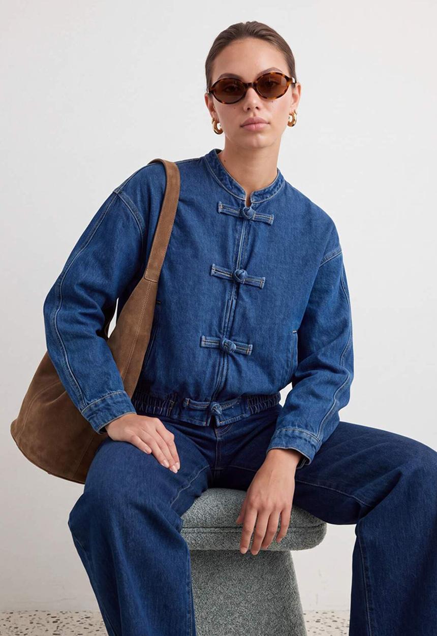 Trendyol - Button and Elastic Waist Denim Jacket - Blue