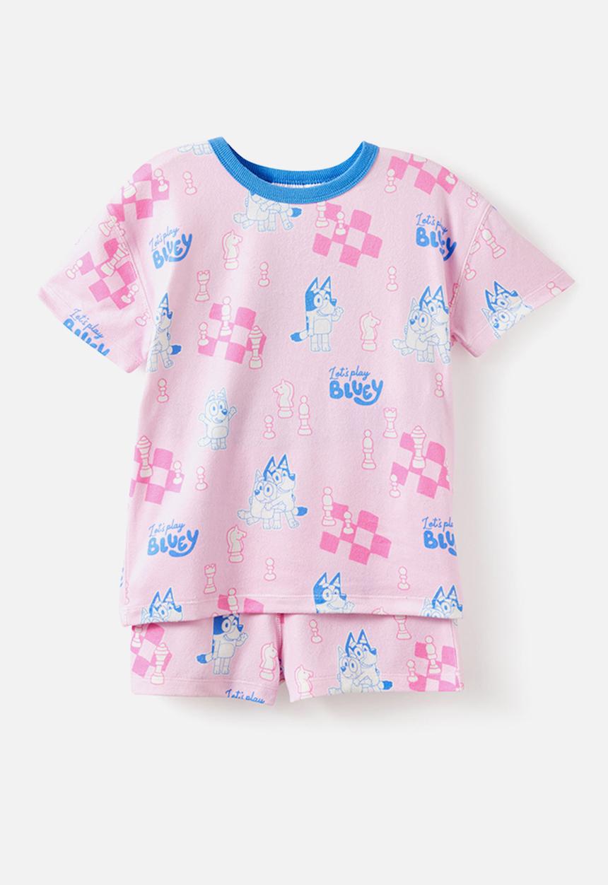 Cotton On - Snoozesoft Short Sleeve Pj Set License - Lcn Blu Ballet Pink/Bluey Chess