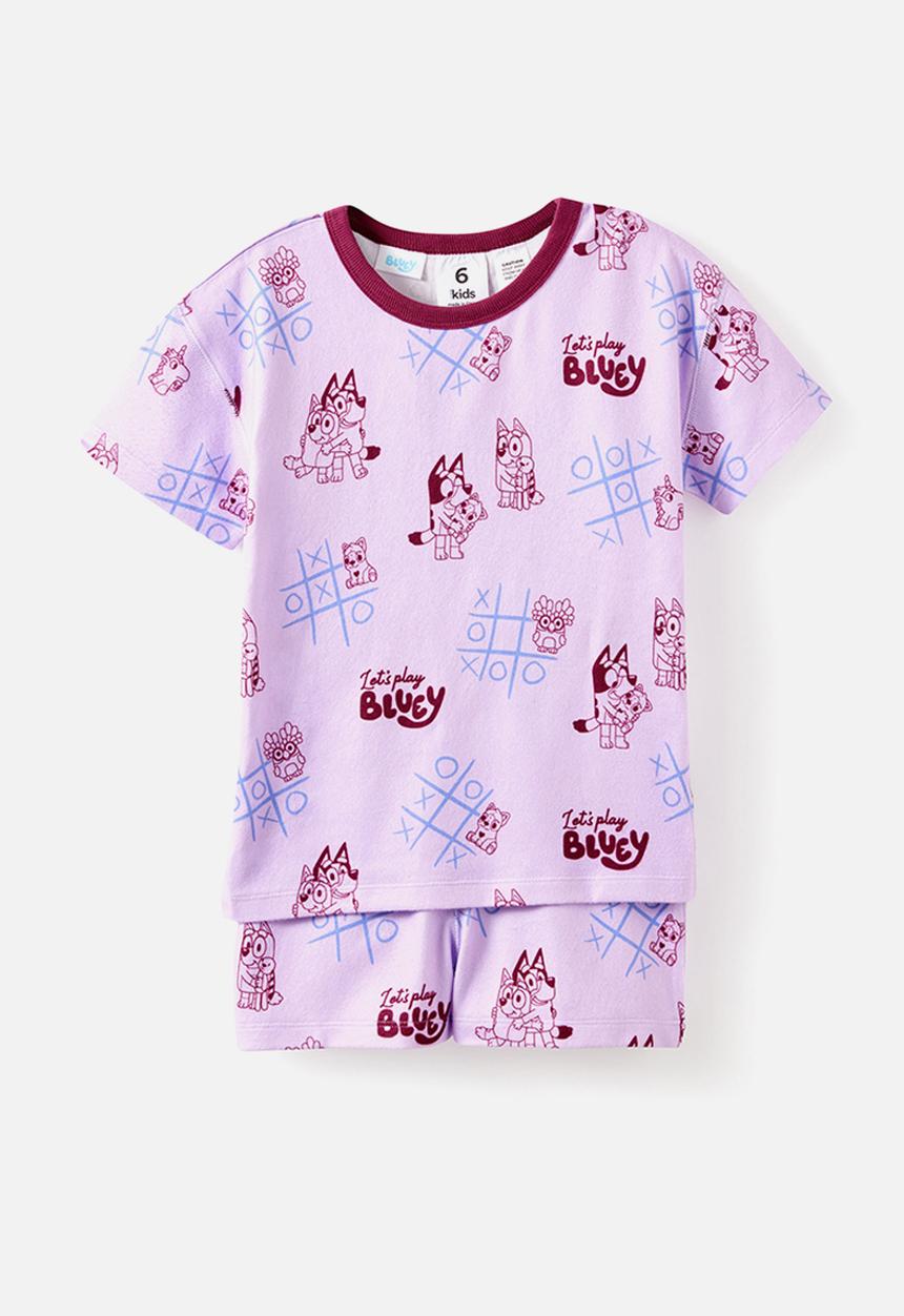 Cotton On - Snoozesoft Short Sleeve Pj Set License - Lcn Blu Vintage Lilac/Bluey Games