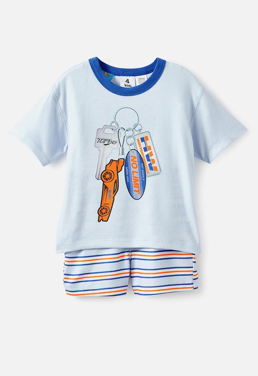 Cotton On - Snoozesoft Short Sleeve Boxer Pj Set License - Lcn Mat Blue Whisper/Hot Wheels