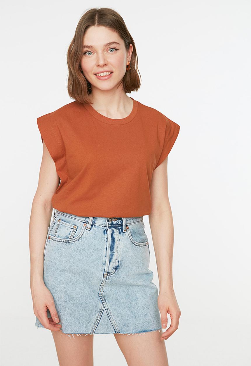 Trendyol - Basic Cotton Crew Neck T-Shirt - Cinnamon