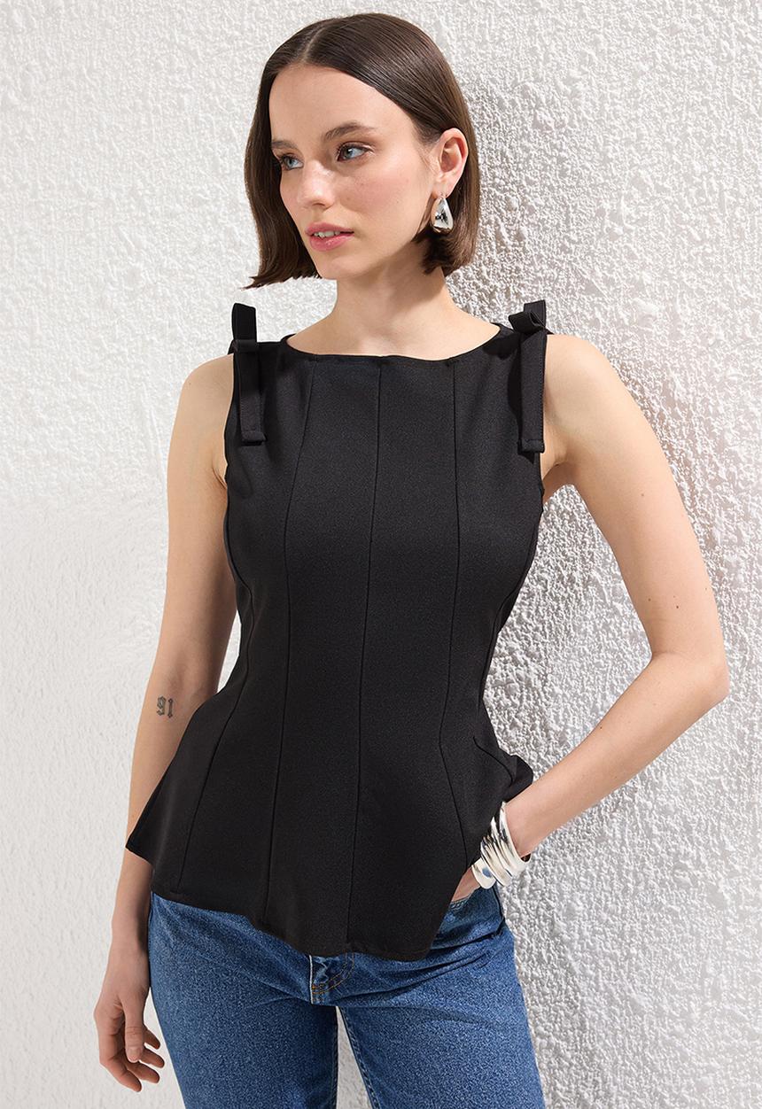 Trendyol - Peplum Blouse with Bow Detail - Black