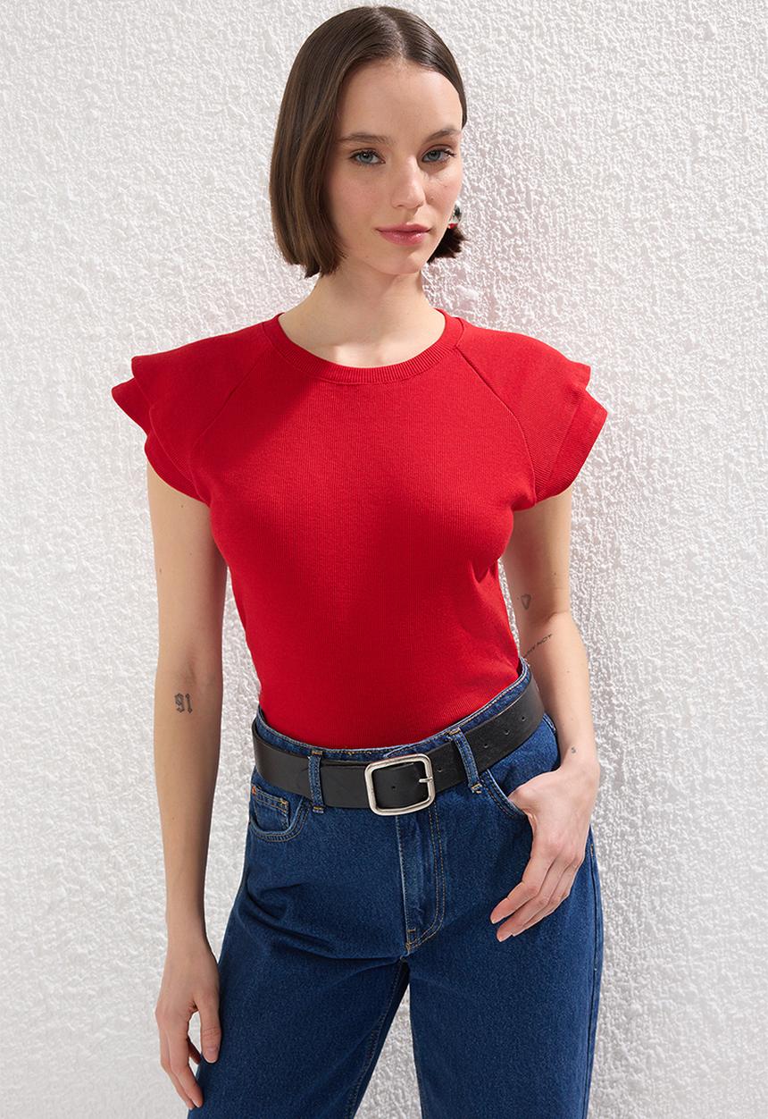 Trendyol - Ribbed Knit Blouse with Ruffle Detail - Red