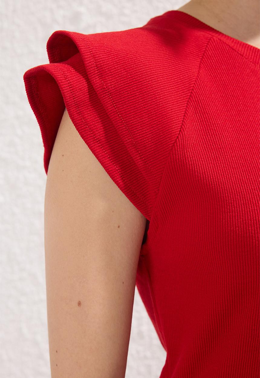 Trendyol - Ribbed Knit Blouse with Ruffle Detail - Red