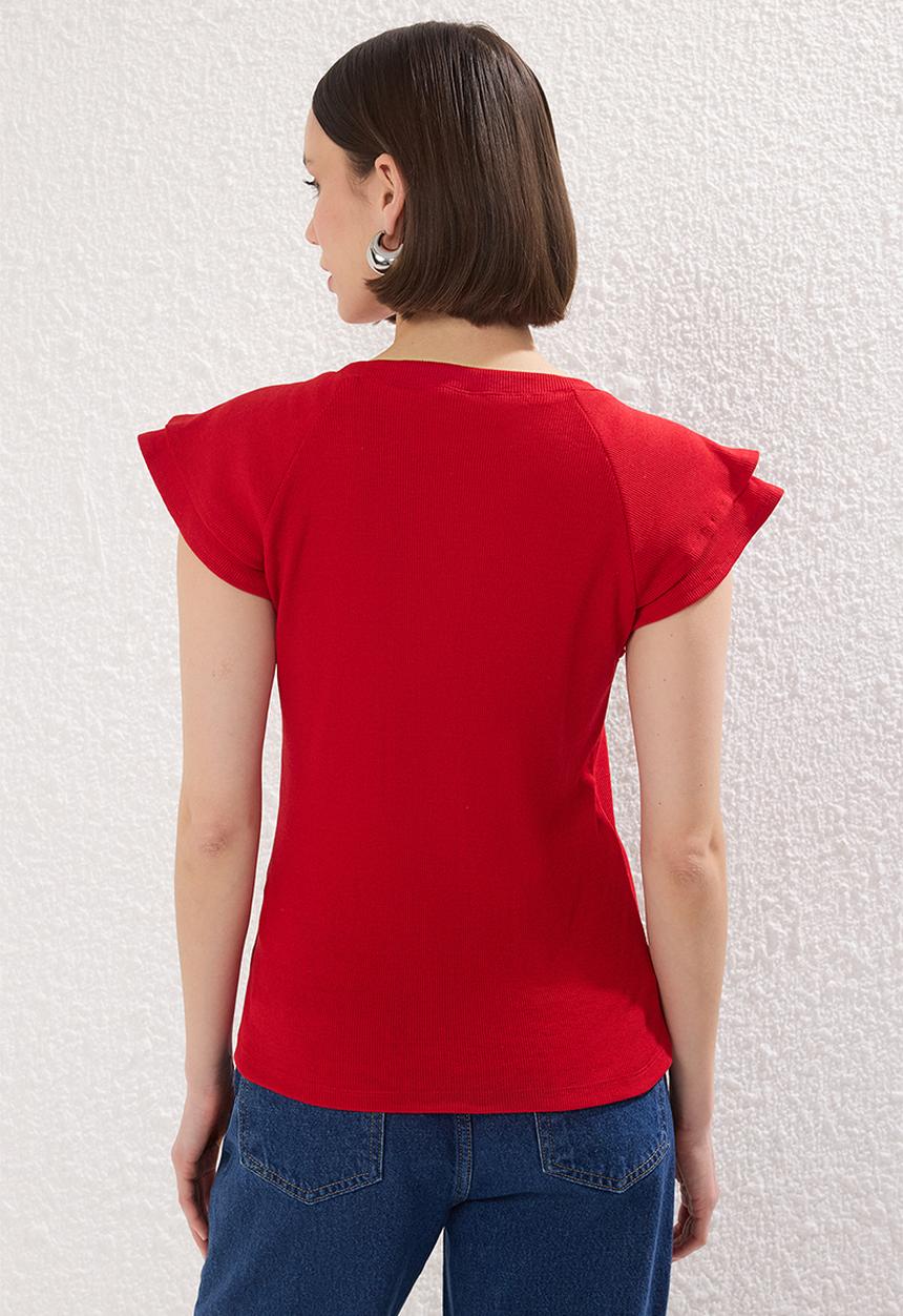 Trendyol - Ribbed Knit Blouse with Ruffle Detail - Red
