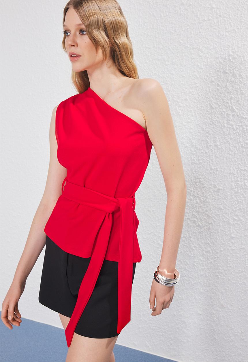 Trendyol - Belted Asymmetric Neck Blouse - Red