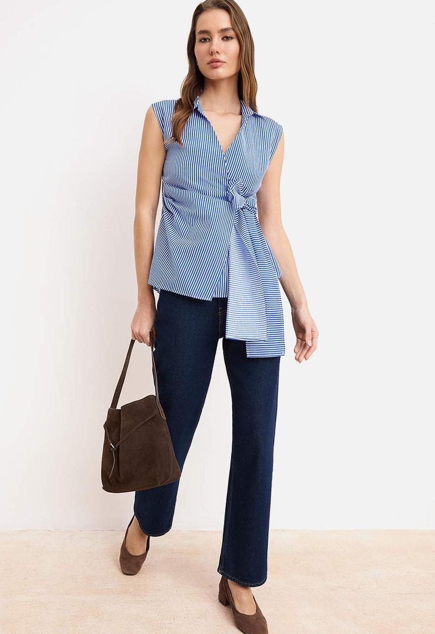 Trendyol - Striped Double-Breasted Tie-Detail Blouse - Blue