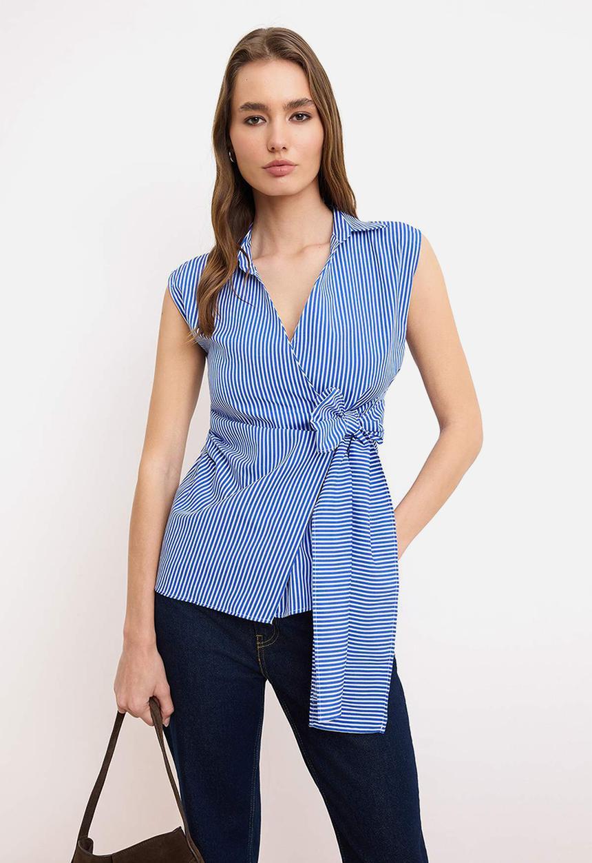 Trendyol - Striped Double-Breasted Tie-Detail Blouse - Blue