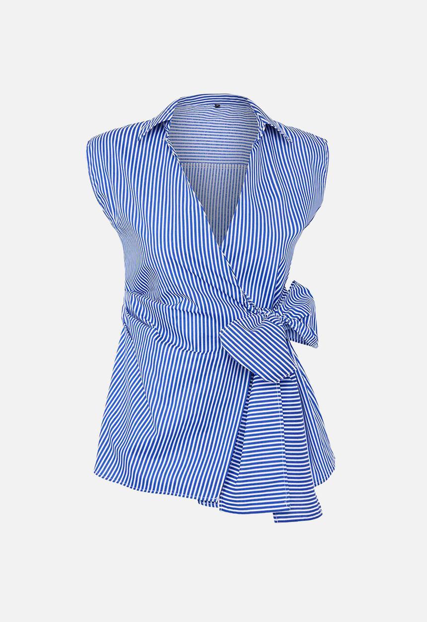 Trendyol - Striped Double-Breasted Tie-Detail Blouse - Blue