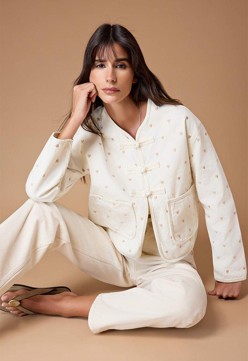 Trendyol - Sustainable Heart Embroidered Denim Jacket - Ecru