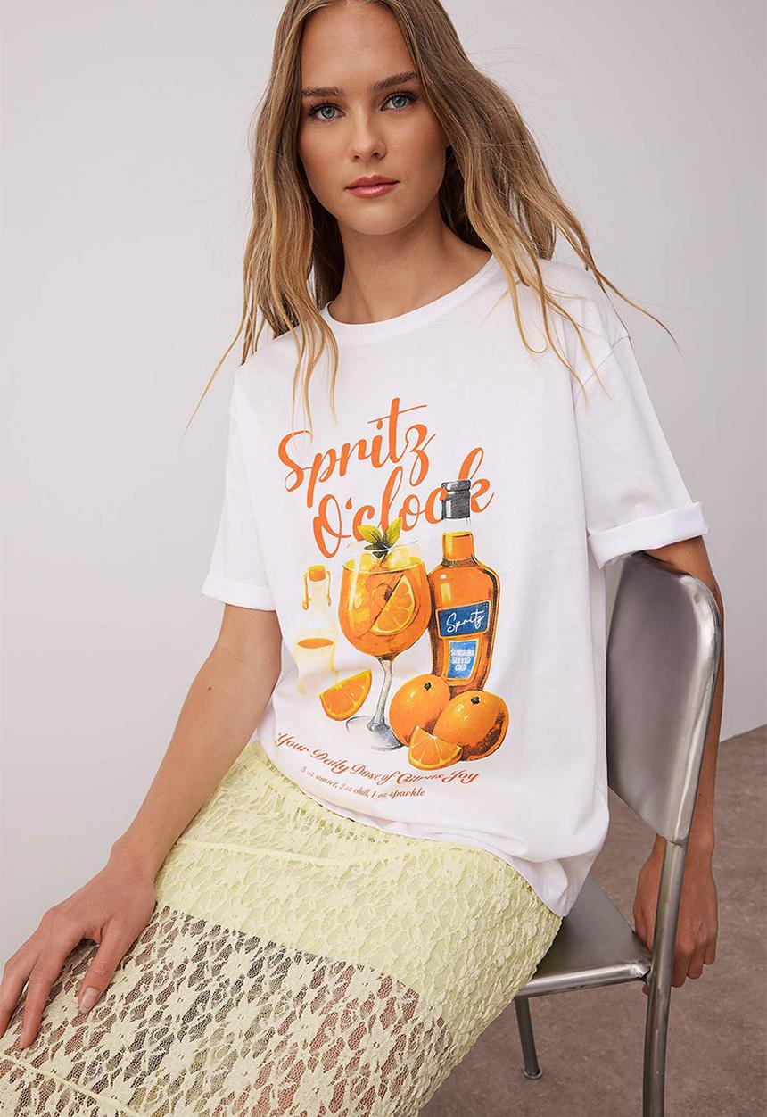 Trendyol - Oversized Printed Cotton T-Shirt - Ecru