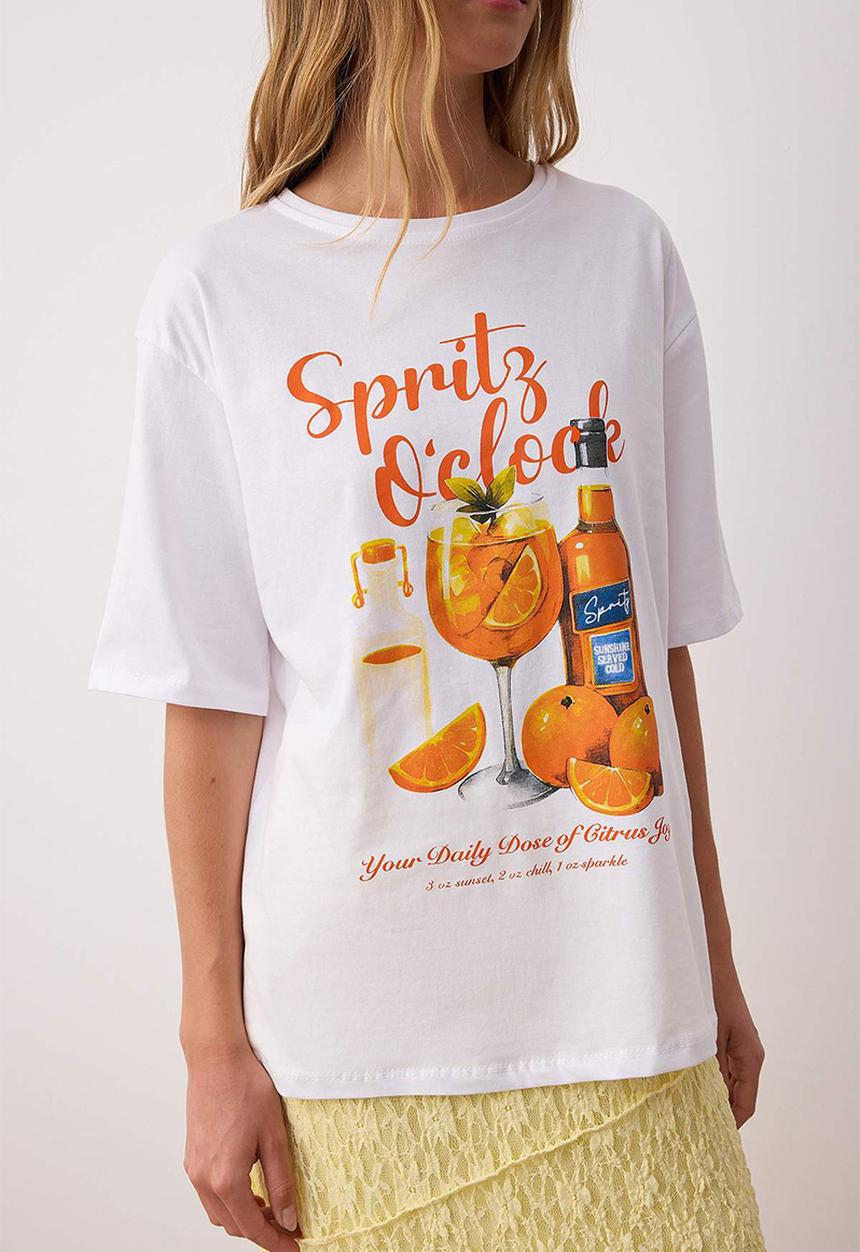 Trendyol - Oversized Printed Cotton T-Shirt - Ecru