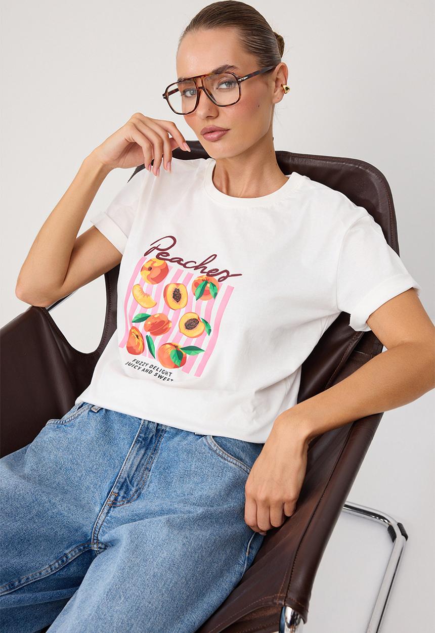 Trendyol - Oversized Printed Cotton Crew Neck T-Shirt - Ecru