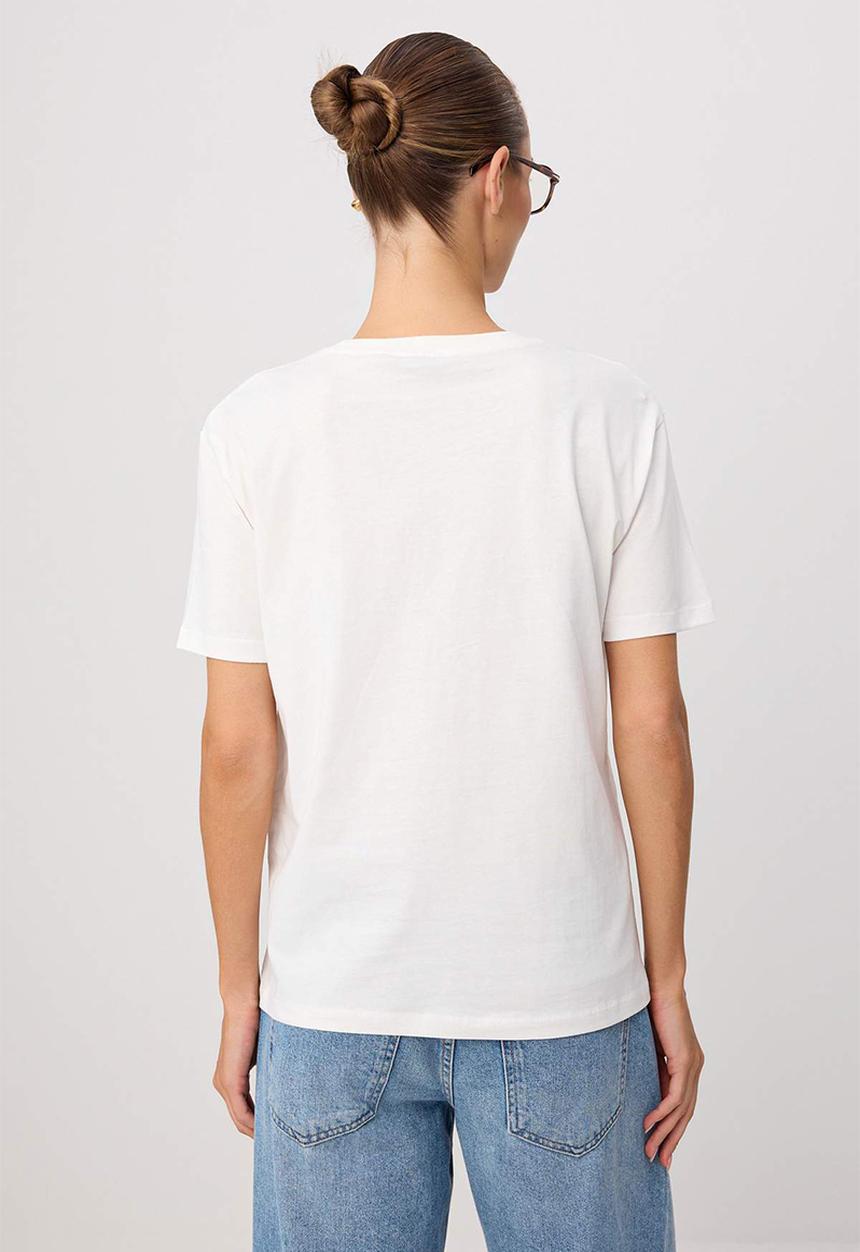 Trendyol - Oversized Printed Cotton Crew Neck T-Shirt - Ecru