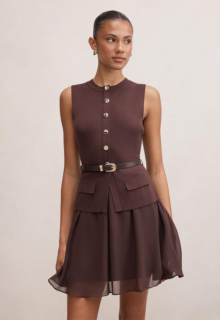 Forever New - Belle woven mix mini dress in chocolate