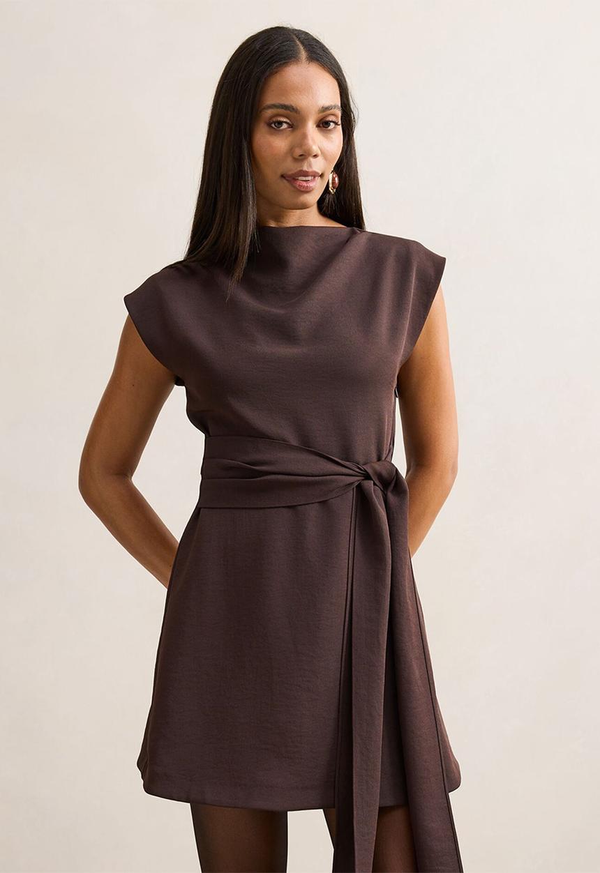 Forever New - Peony tie front mini dress in dark chocolate
