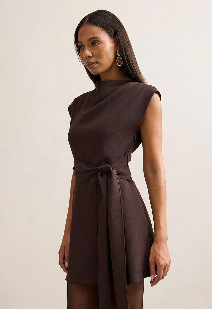 Forever New - Peony tie front mini dress in dark chocolate