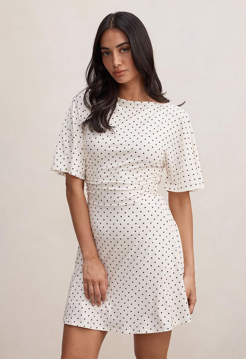 Forever New - Cora flutter sleeve tie mini dress in butter verona spot