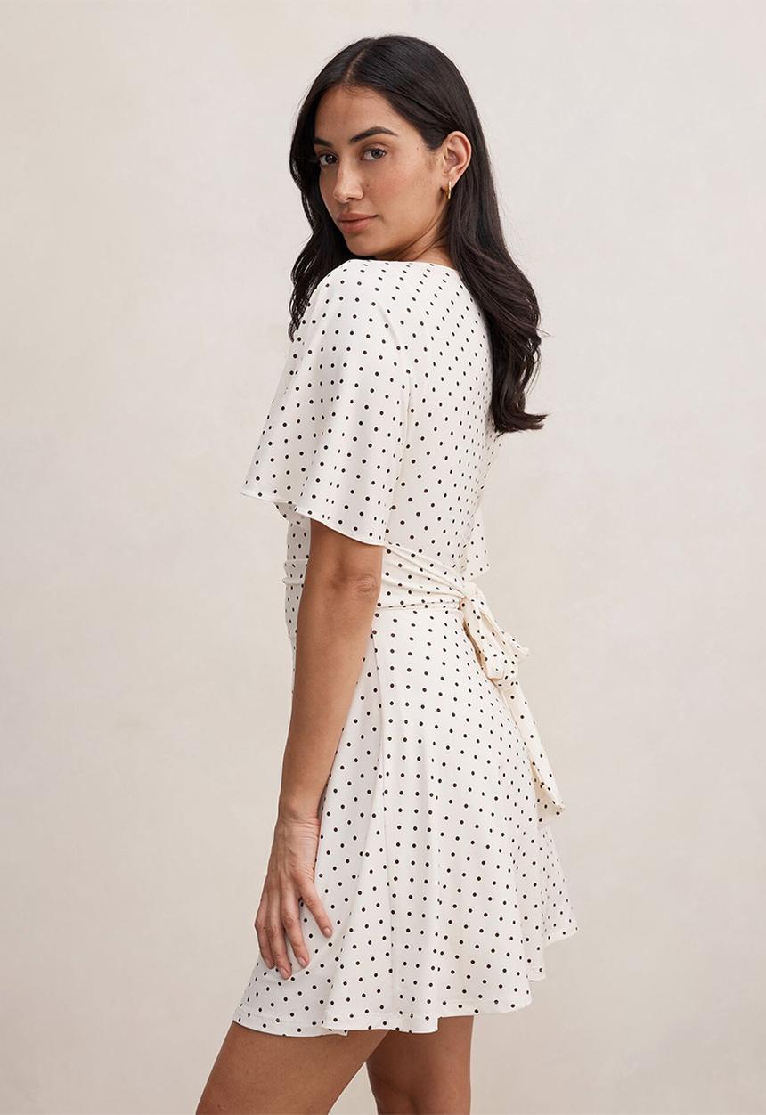 Forever New - Cora flutter sleeve tie mini dress in butter verona spot
