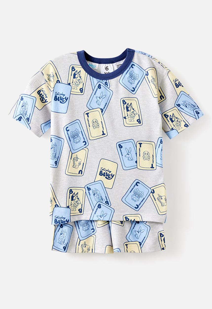 Cotton On - Snoozesoft Short Sleeve Boxer Pj Set License - Lcn Blu Grey Marle/Bluey Cards