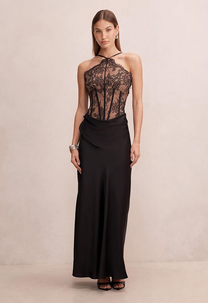 Forever New - Nellie lace halter maxi dress in black/nude