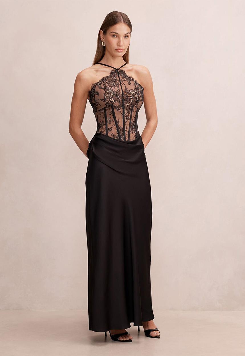 Forever New - Nellie lace halter maxi dress in black/nude