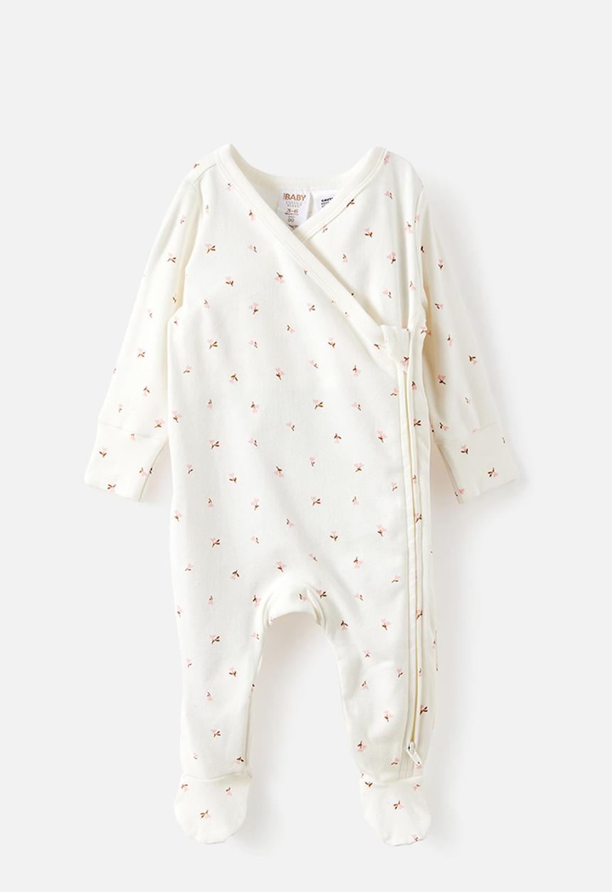 Cotton On - Organic Cross Over Zip Romper - Milk/Tulip Heart